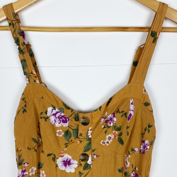 American Eagle Floral Button Front Mini Dress Sleeveless Mustard Yellow Medium - Picture 3 of 7